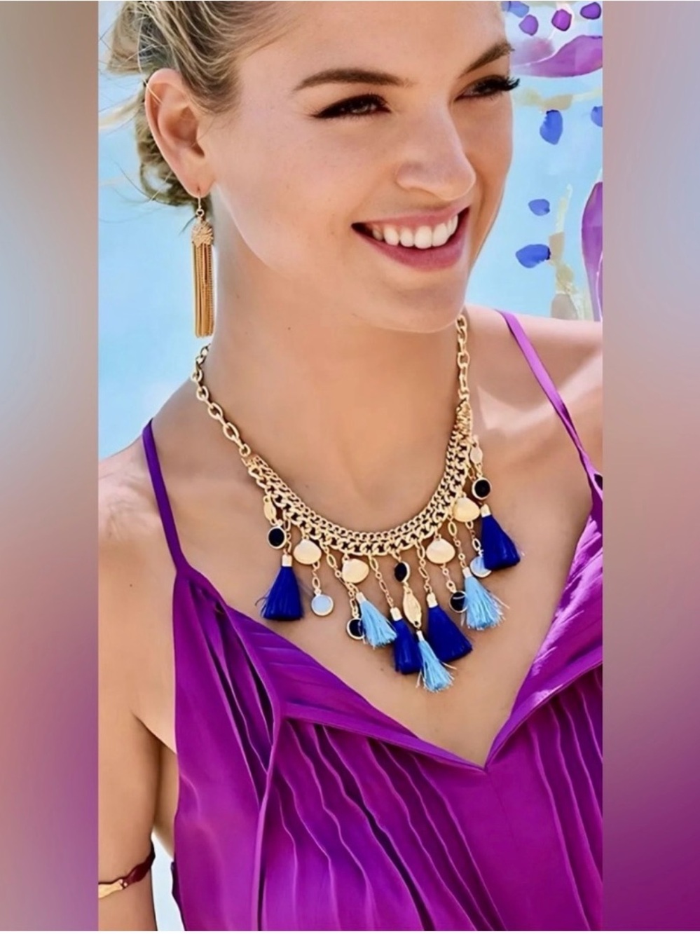 Lilly Pulitzer necklace gold tassles blue navy seashells beach